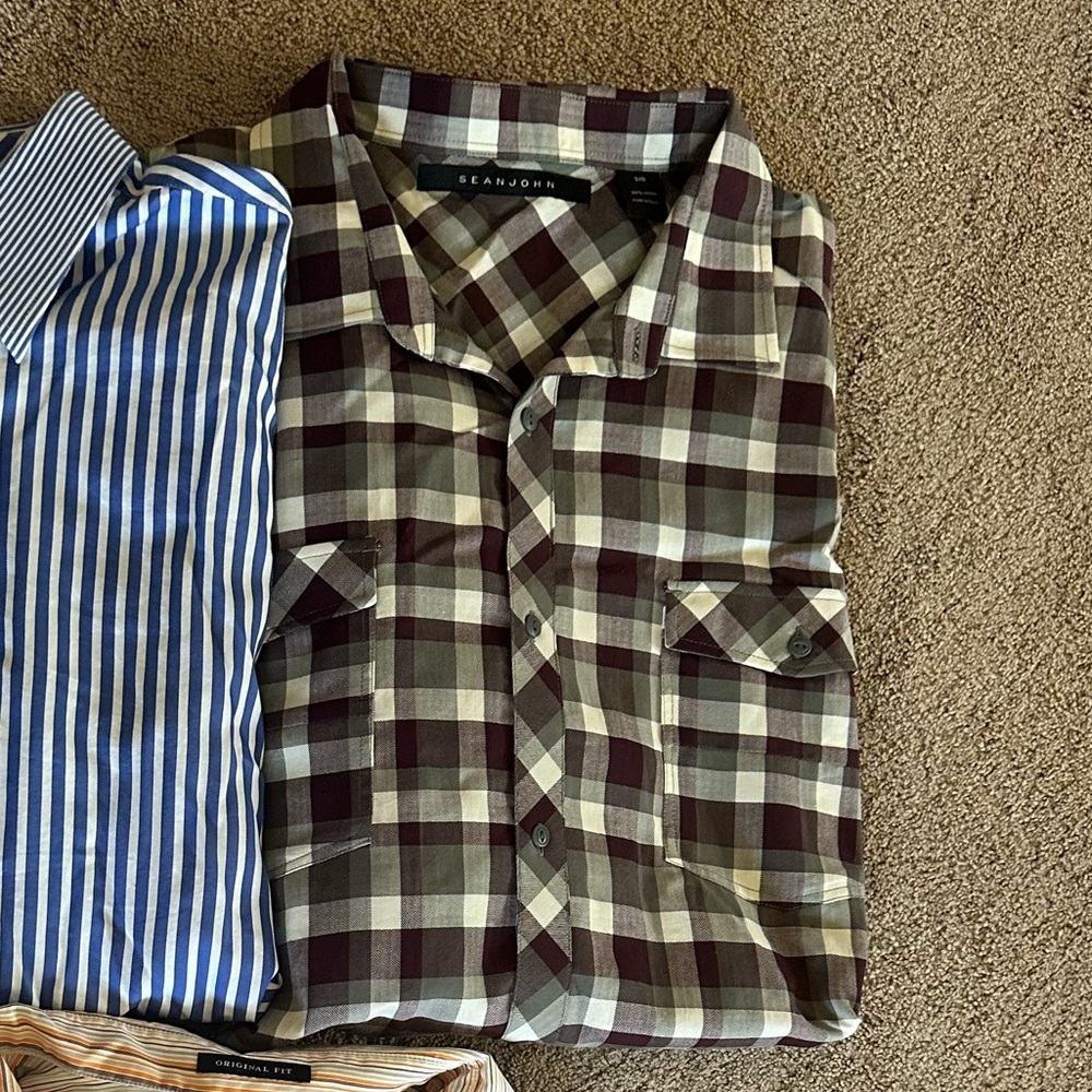 Sean John 3XB Big & Tall Burgundy Purple Gray Plaid Button Shirt